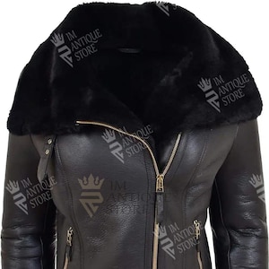 Womens BLACK Leather Jacket Lambskin,Slim fit Bomber Leather Jacket, Handmade Fur Shearling Aviator Leather Jacket
