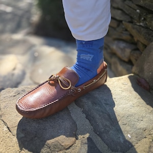 May include: Brown leather loafers with gold buckles and a blue patterned sock. The loafers are on a rocky surface.