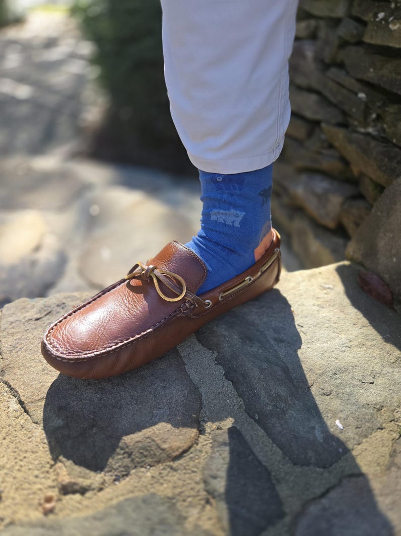 May include: Brown leather loafers with gold buckles and a blue patterned sock. The loafers are on a rocky surface.