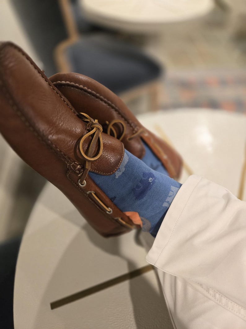 May include: Brown leather boat shoes with blue and white patterned socks. The socks feature a design of small fish.