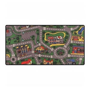 May include: A rectangular play rug featuring a city map design. The rug has a gray road network with white dashed lines, green grassy areas, and colorful buildings. Includes parking lots, roundabouts, and a hospital.