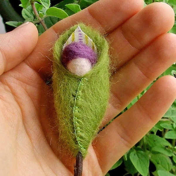 Green Leaf Fairy Baby, Purple Hat, Waldorf inspired, Needle felted