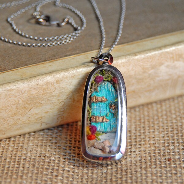 Secret Door Necklace, Tiny Terrarium Style Jewelry, Turquoise Door, Secret Garden