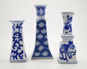 Vintage blue and white Silvestri candlesticks candleholders set of three porcelain ceramic taper candle pillars hand painted Chinese