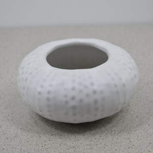 May include: A white ceramic bowl with a textured, dotted surface. The bowl has a round shape with a wide opening and a gray interior. This decorative bowl is suitable for home decor.