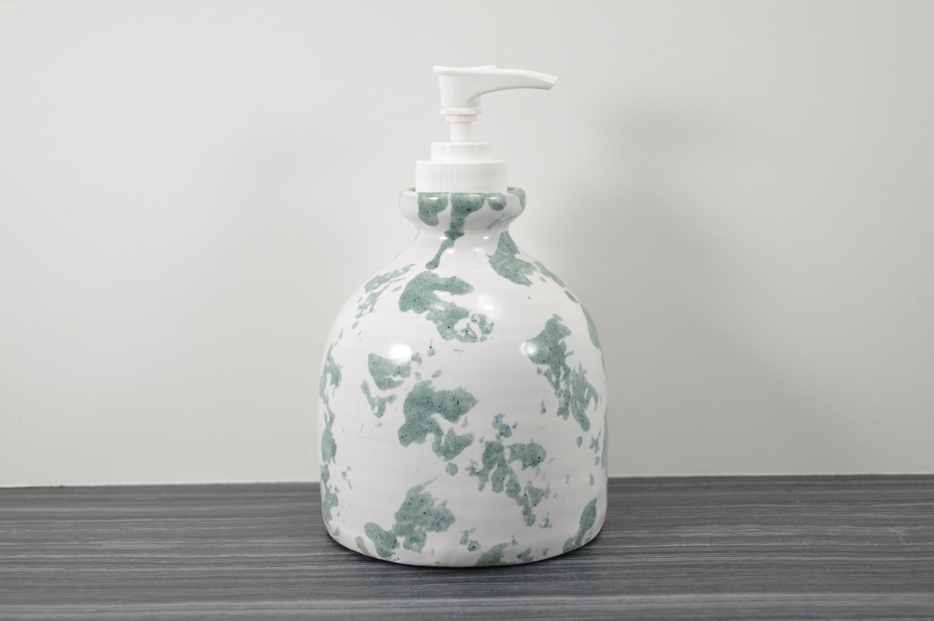 Vintage handmade ceramic soap lotion pump dispenser green white majolica spongeware drippy glazed wheel thrown country pottery gift