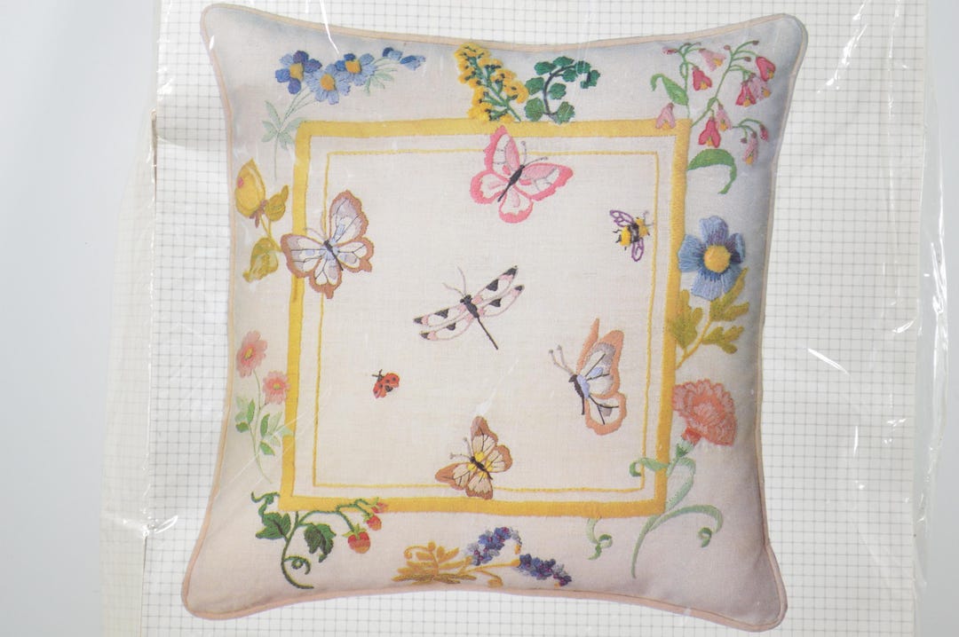 Crewel Insects Vintage Bucilla Crewel Kit Pillow Butterflies Flowers Insects Dragonfly ...