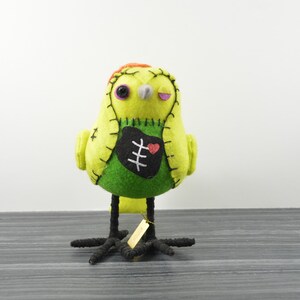 May include: A green and yellow felt bird with stitched details, including a heart and a ribcage, and one purple eye. The bird has black legs and is standing on a gray surface.