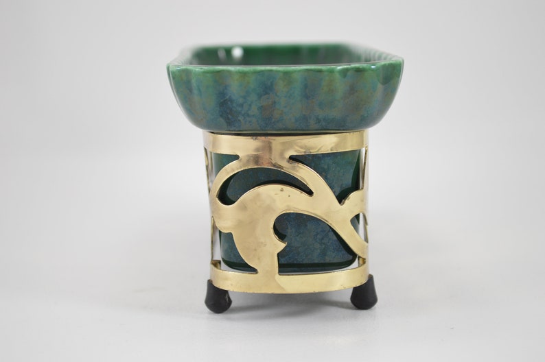 Vintage mid century modern green ceramic succulent planter flower pot Miramar California green ceramic and metal planter holder