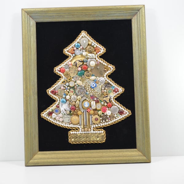 Vintage jewelry Christmas tree frame picture art handmade large velvet backed icy rhinestone jewelry collage wall decor