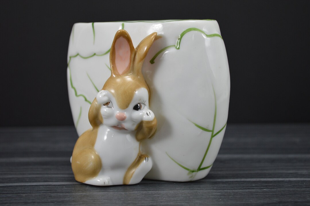 Vintage Brown Bunny Rabbit Vase Cabbage Leaf Porcelain Hide and Seek