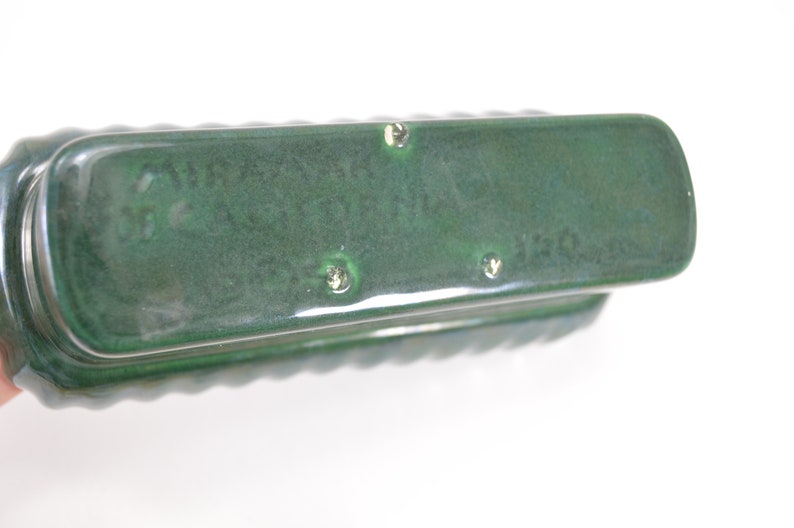 Vintage mid century modern green ceramic succulent planter flower pot Miramar California green ceramic and metal planter holder