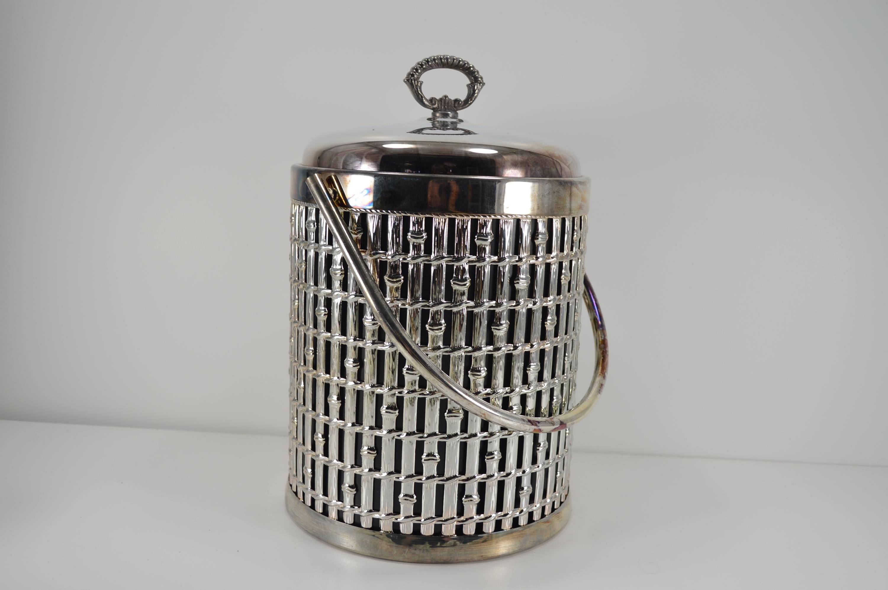 Vintage MCM ice bucket with lid bamboo metal tropical tiki bar Reed & Barton Sheffield silver plate kitchen bar barware decor NOS gift