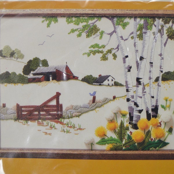 Vintage crewel kit Creative Circle Birch Hill Farm #0335 country farmhouse red barn birch trees dandelions farm countryside scene decor