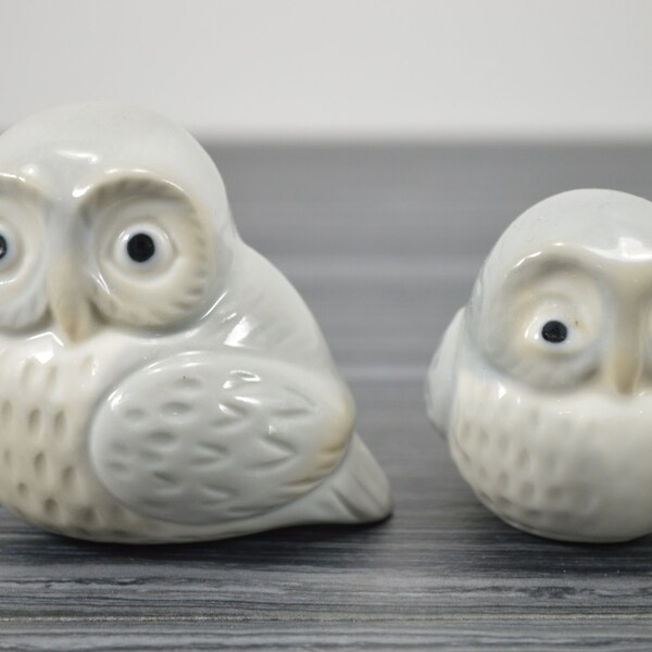 Vintage grey and white owl figurines set of two pair of grey and white ceramic porcelain owl fat bird figurines gift