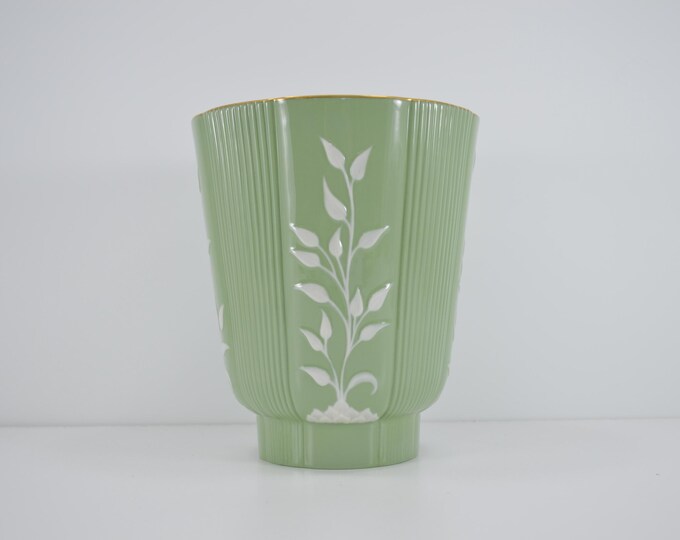Vintage Lenow USA Vase Planter Sage Green Cream White Embossed Relief ...