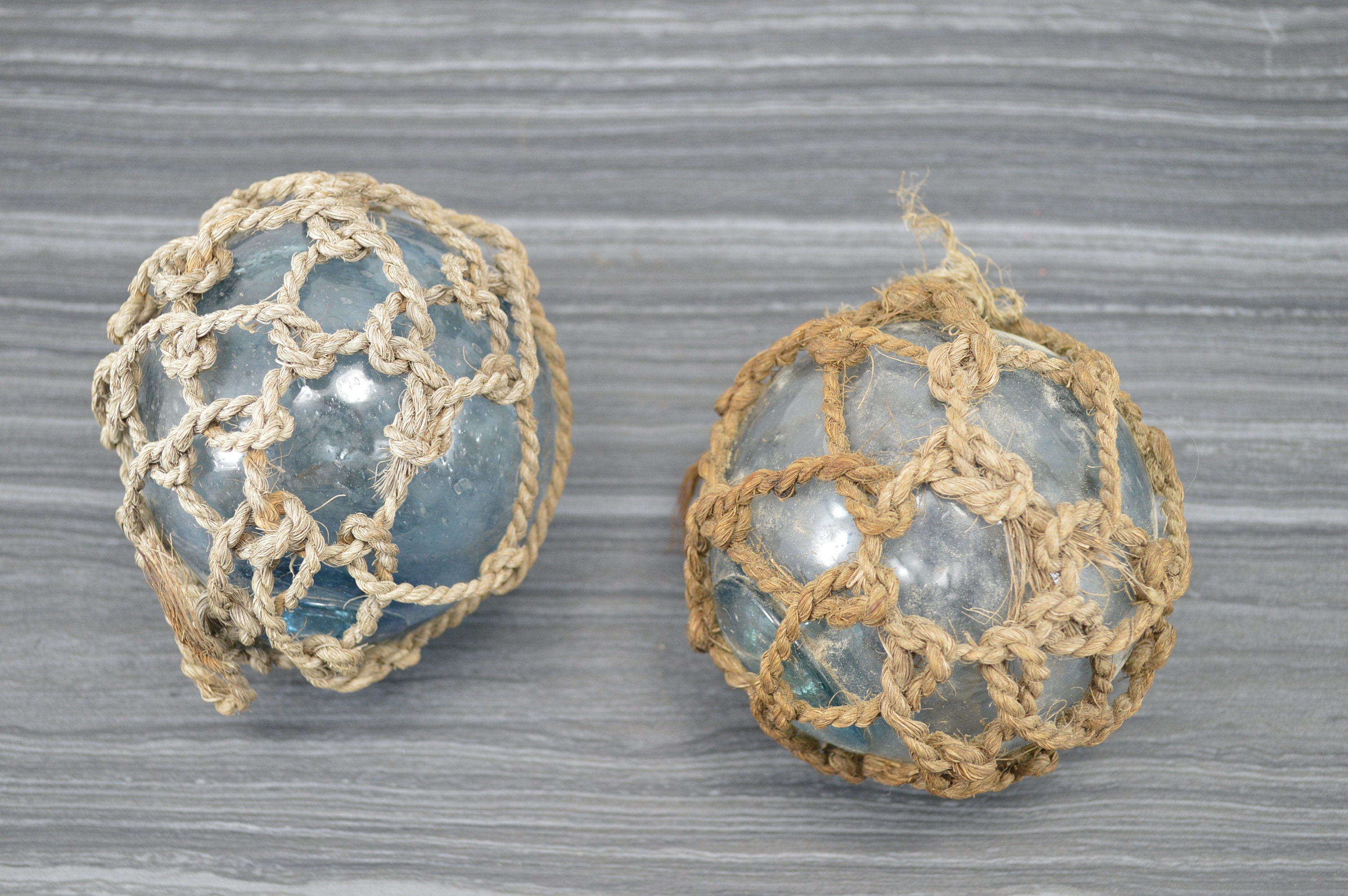 2.5 Japanese Glass Floats w/ Netting, Vintage Fishing Buoys From Japan,  Authentic Glass Balls Once Used On Nets By Commercial Fisherman