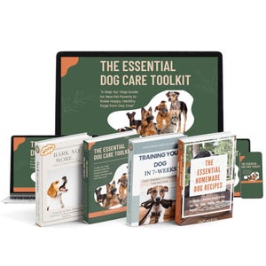 May include: A set of six dog care guides with green, brown, and white covers. The guides are titled "The Essential Dog Care Toolkit", "Bark No More", "The Essential Dog Care Toolkit", "Training Your Dog in 7-Weeks", "The Essential Homemade Dog Recipes", and "The Essential Dog Care Toolkit".
