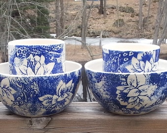Set of 8 Blue and White Lotus Flower Bowls and Tumblers, porcelain