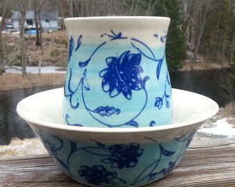 Set of 2 Hand Thrown Turquoise with Cobalt Blue Floral Porcelain Tumbler and Bowl #2, White Rim