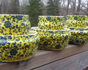 Set of 8 Wheel Thrown Porcelain Bowls and Tumblers, yellow and blue floral