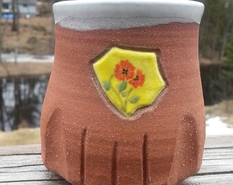 Red Stoneware Tumbler with faux Yellow China Shard, smaller for Espresso, Cappuccino, Juice