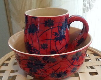 Hand Thrown Porcelain Mug and Bowl Set of 2, #1, Deep Red with Cobalt Blue Floral