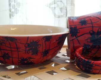 Hand Thrown Porcelain Mug and Bowl Set of 2, #2, Deep Red with Cobalt Blue Floral