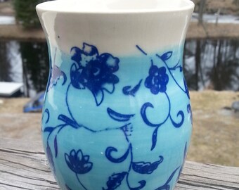 Hand Thrown Turquoise Porcelain Bowl and Tumbler Set of 2, Cobalt Blue Floral Design, #1, White Rim