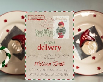 Chritsmas Baby Shower Invitation Template | Special Delivery Baby Shower Invite | Digital Download