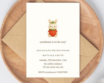 Bunny Baby Shower Invitation Template | Somebunny Is On The Way Baby Shower Invite | Strawberry Baby Shower Invite Digital Download