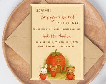Berry Sweet Baby Shower Invitation Template | Strawberry Baby Shower Invitation | Someone Berry Sweet Is On The Way Baby Shower Invite