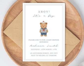 Ahoy It's A Boy Baby Shower Invitation | Sailor Baby Shower Invitation Template | Nautical Baby Shower Invite