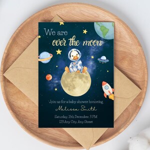 We Are Over The Moon Baby Shower Invitation Template | Outer Space Baby Shower Invite | Duckling Baby Shower Invite Digital Download