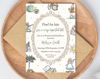 Alice In Wonderland Baby Shower Invitation Template | Storybook Baby Shower Invitation | Alice Tea Party Invite | Alice In Wonderland Invite