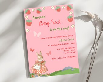 Berry Sweet Strawberry Baby Shower Invitation Template | Berry Sweet Baby Shower Invitation | Bunny Baby Shower Invite | Rabbit Baby Shower