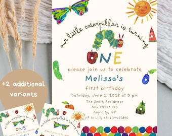 Very Hungry Caterpillar Birthday Invitation | First Birthday Digital Invite Template | Printable Caterpillar Themed Birthday Invite Canva