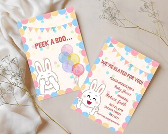 Peek A Boo Bunny Baby Shower Invitation | Front and Back Card | Colorful Baby Shower Invitation