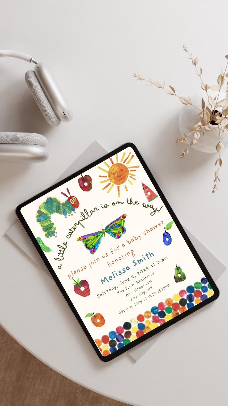 May include: A baby shower invitation featuring a colourful illustration of a caterpillar, butterfly, sun, and watermelon. The text reads "a little caterpillar is on the way!" and "Please join us for a baby shower honouring Melissa Smith". The invitation includes the date, time, location, and RSVP information.