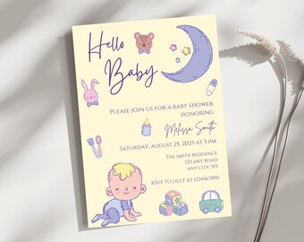 Over The Moon Baby Shower Invitation Template | Light Yellow Baby Shower Invitation