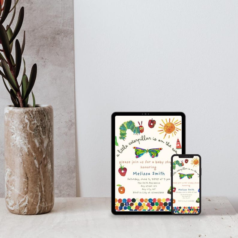 May include: A digital invitation for a baby shower featuring a colourful illustration of a caterpillar, butterfly, apple and sun. The text reads "a little caterpillar is on the way" and "please join us for a baby shower honouring Melissa Smith".