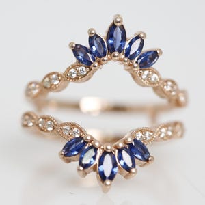 Vintage Marquise Cut Blue Sapphire engagement enhancer ring 18K Rose Gold Vermeil engagement ring guard for women- bridal ring wrap gift