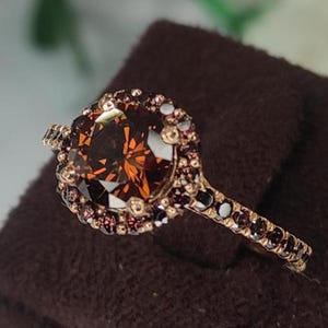 Round Cut Brown Diamonds Engagement Ring 18K Rose Gold Vermeil Brown Wedding Ring | Promise Ring | Anniversary & Birthday Gift for Her