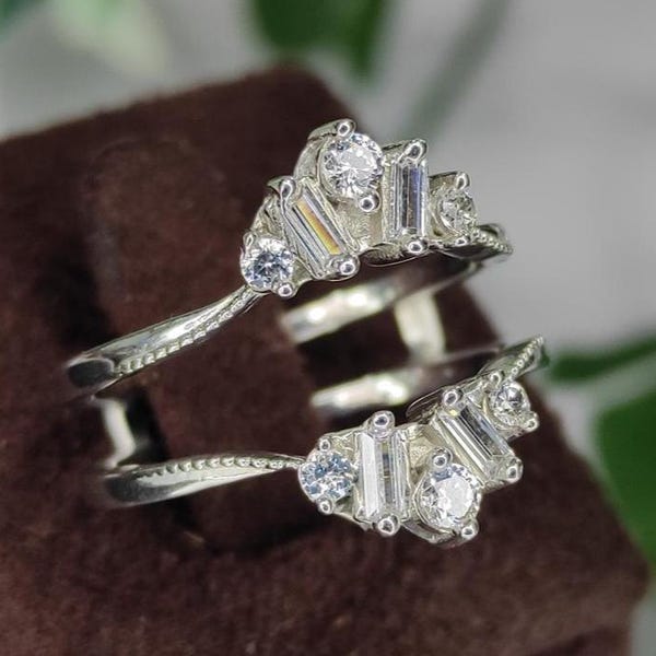 Round & Baguette Cut Diamond Ring Enhancer – 18K Rose Gold Vermeil Stackable Ring Jacket, Engagement Ring Band Gift for Women