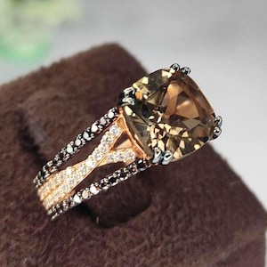 Anillo de compromiso vintage con diamantes marrones de talla cojín, oro rosa vermeil de 18 quilates, anillo de diamantes marrones de lujo. Anillos de promesa para mujer, regalo de cumpleaños.
