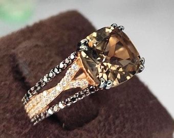 Vintage Cushion Cut Brown diamonds Engagement Ring 18K Rose Gold Vermeil luxury brown diamond ring- Promise Rings for Women Birthday Gift