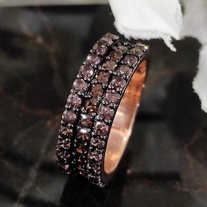 Anillo de diamantes marrones oscuros talla princesa y redondos de 3/8 CT, oro rosa vermeil de 18k, anillo de promesa hecho a mano, regalo de aniversario con diamantes marrones para ella.