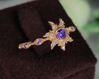 Rapunzel Princess Magic Sunflower Engagement Ring 18k Rose Gold Vermeil amethyst Princess Jewelry gift for wife- Geek Jewelry Gift For her