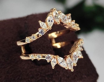 Markiezin & rond geslepen diamanten trouwring Enhancer 18K roségoud vermeil ring jas voor verlovingsring-handgemaakte ring bewaker cadeau voor haar