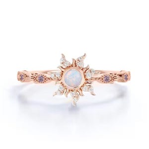 Rapunzel Wedding Ring 18K Rose Gold Vermeil Rapunzel Princess Magic Sunflower Engagement Ring Opal & Amethyst Fairy Ring Bridal Jewelry Gift